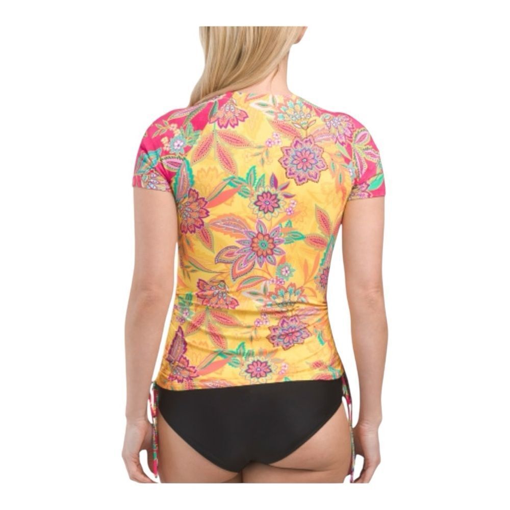 JOHNNY WAS Sunshine & Flamingo Drawstring Surf Swim Shirt Floral Rash Guard NWT - Picture 2 of 2